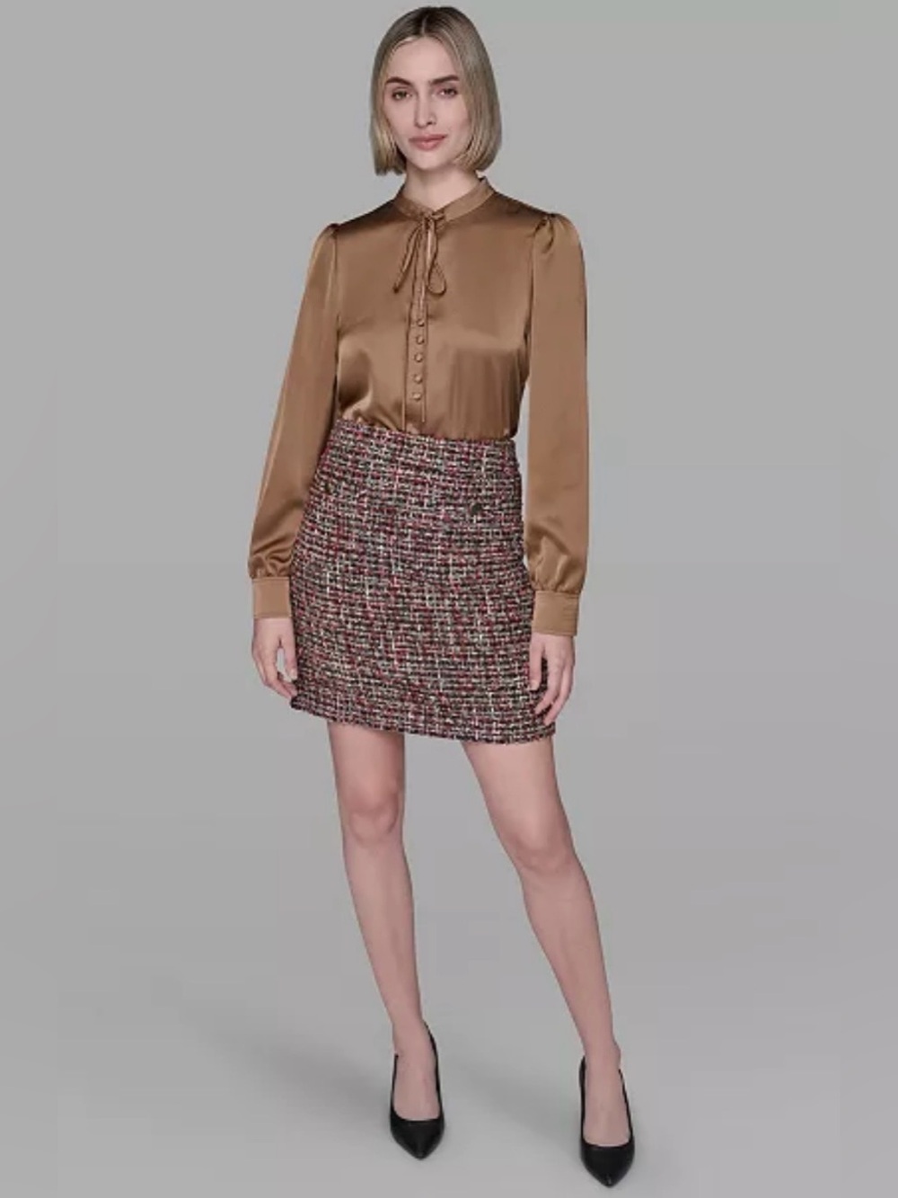 KARL LAGERFELD Paris Brown Multi Boucle Tweed Mini Skirt Sz 16 XL NWT Old Money